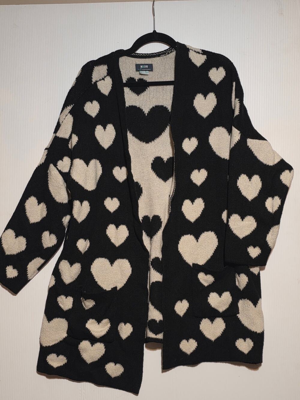 Maeve Anthropologie 1X Cardigan Sweater Black Cream Heart Print Chunky Knit Cozy